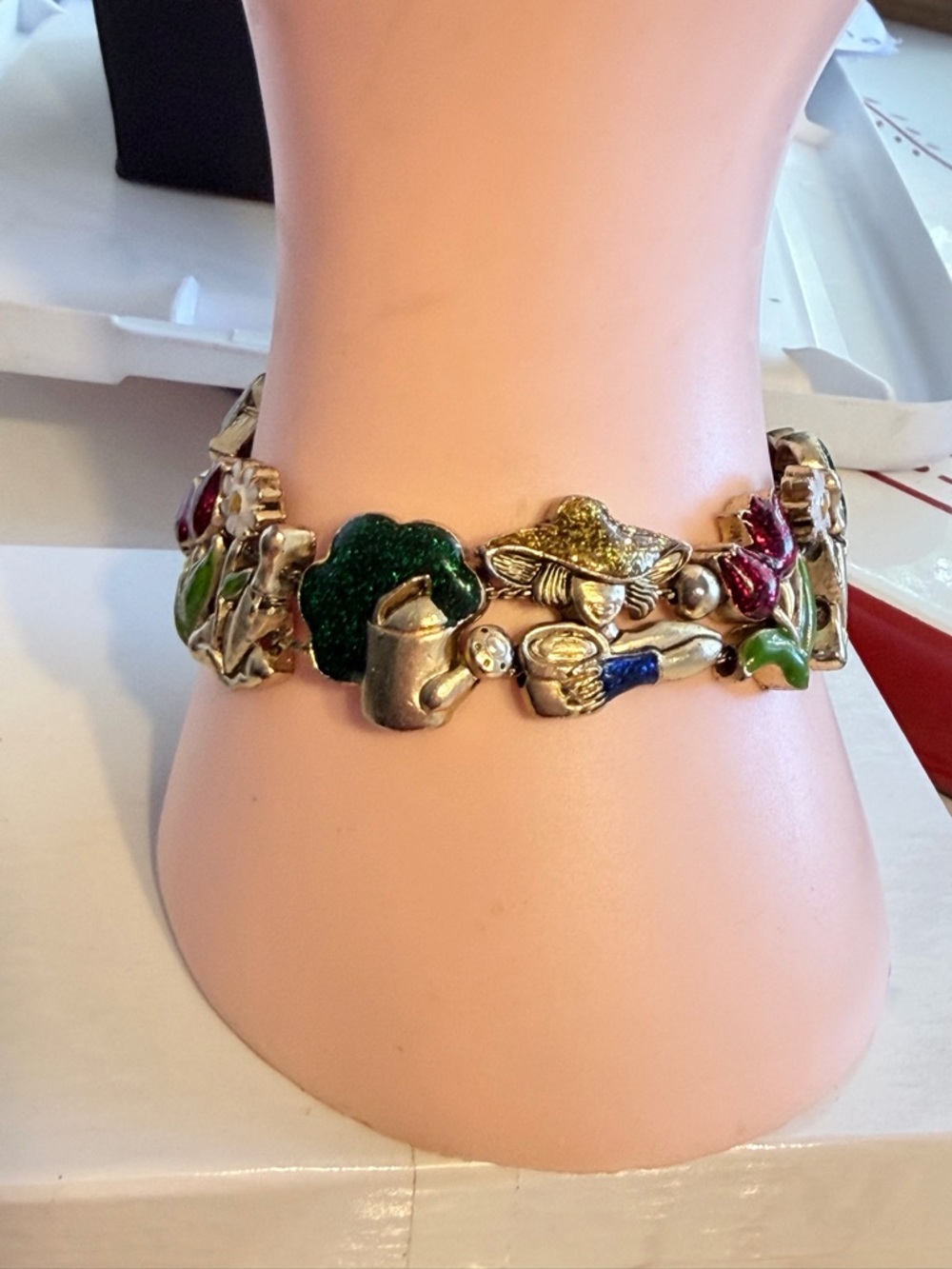 Gold-Tone Floral and Garden Charm Bracelet - Green, Red, White Glitter Enamel 7” - Picture 3 of 8